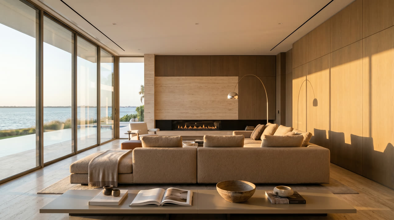 Floor-to-ceiling glass in the great room over the bay