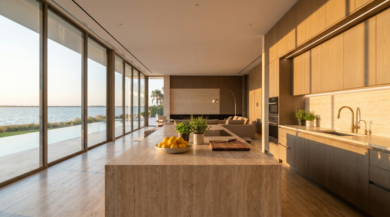 Honed travertine kitchen island with the bay beyond