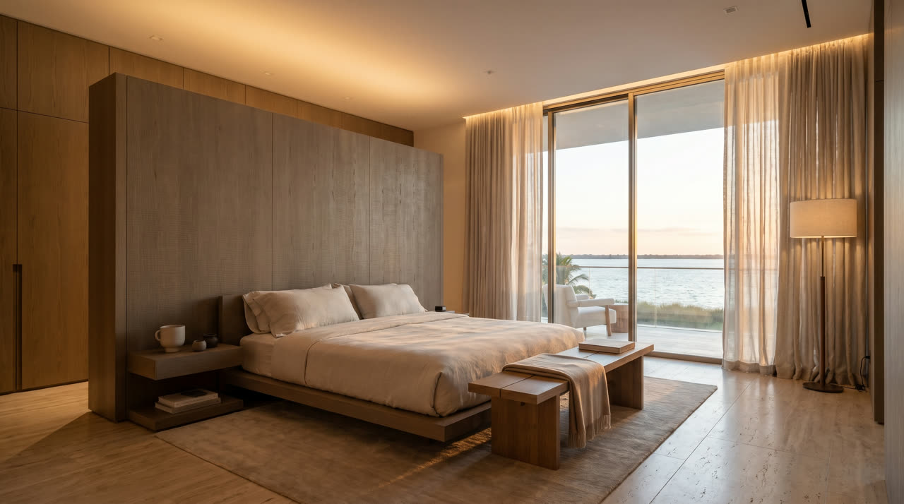 Smoked oak headboard wall in the primary suite