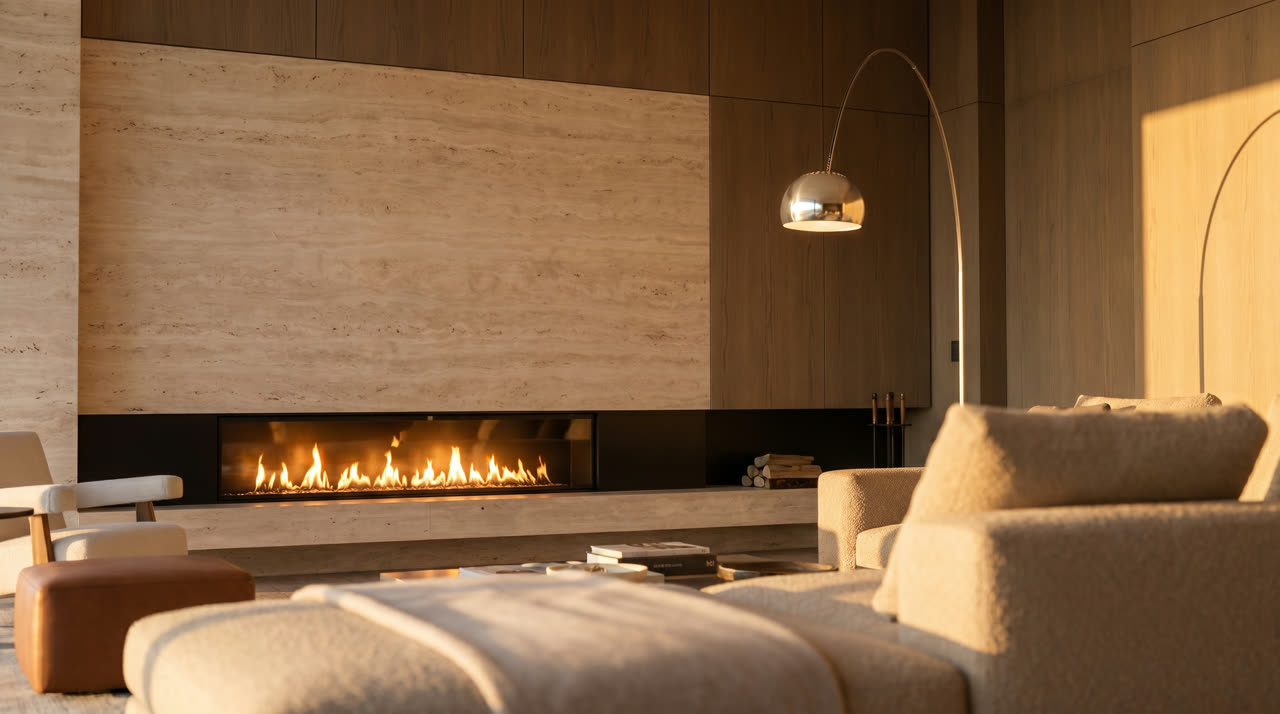 Linear gas fire set into a book-matched travertine wall